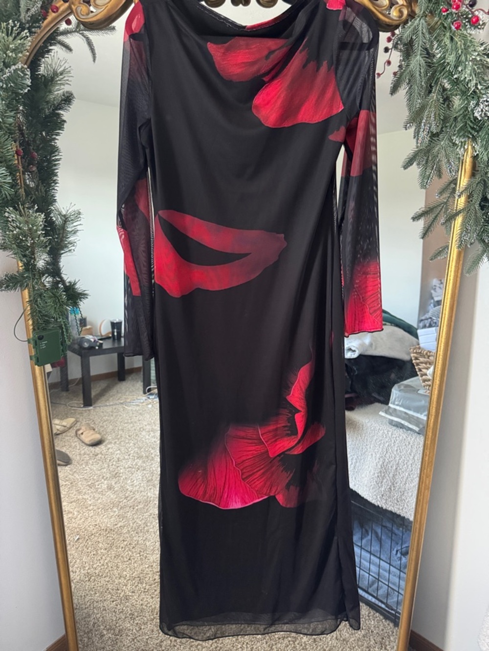 Amazon Black Long Sleeve Maxi Dress with Red Floral Print